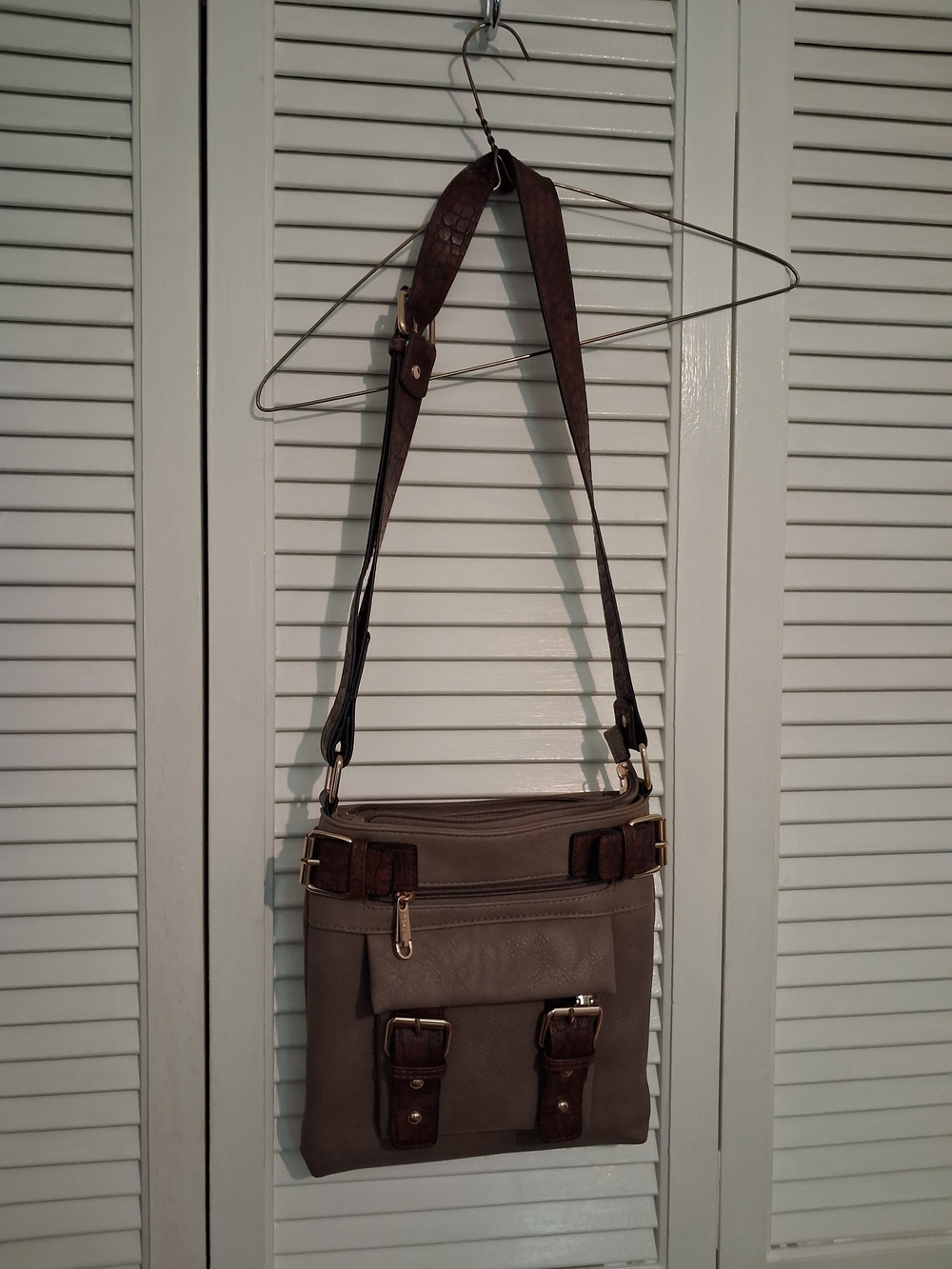 Taupe Crossbody Shoulder Bag with Dark Brown Accents